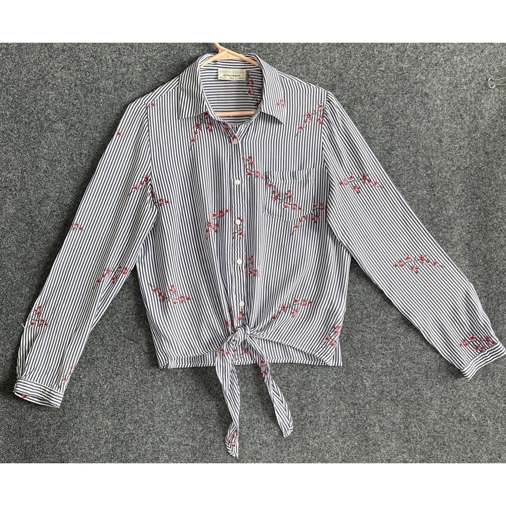 Dress Forum Blue/White Striped Button Up Long Sleeve Tie Front Blouse -Women's S